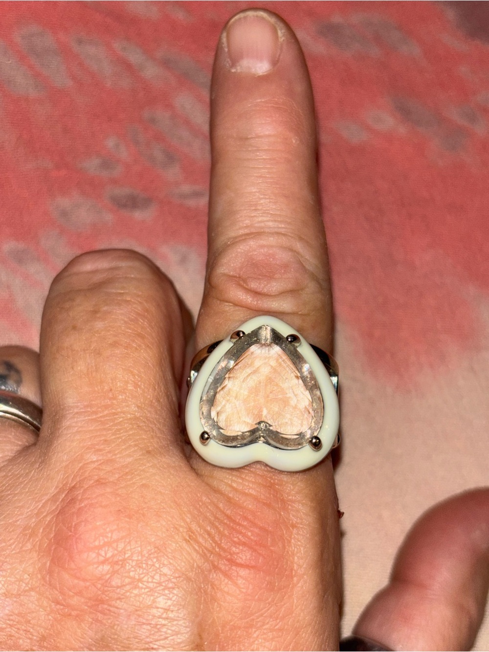 paparazzi Cream Enamel Heart Ring with Pink Stone